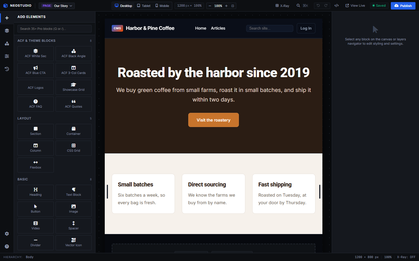 NeoStudio Visual Builder (/n-admin/studio) editing native Rust AST blocks