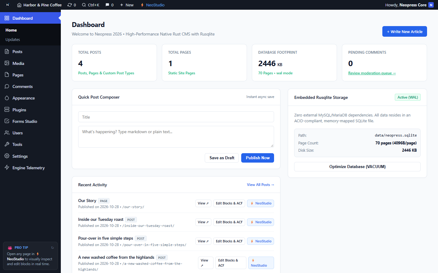 /n-admin/ — Native Rust admin portal running against embedded SQLite WAL
