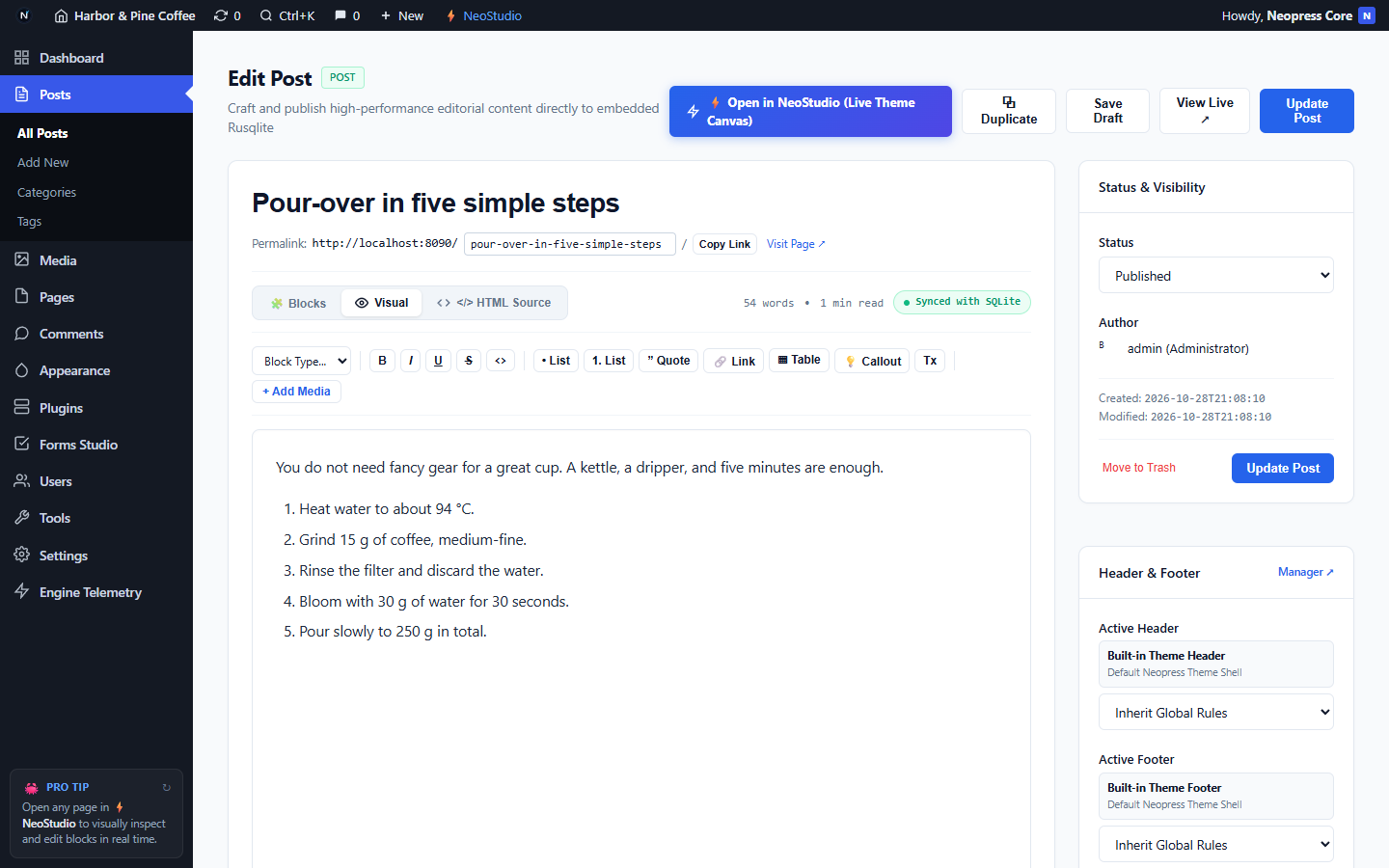 /n-admin/post — Editing posts with deterministic slug generation and SEO metadata