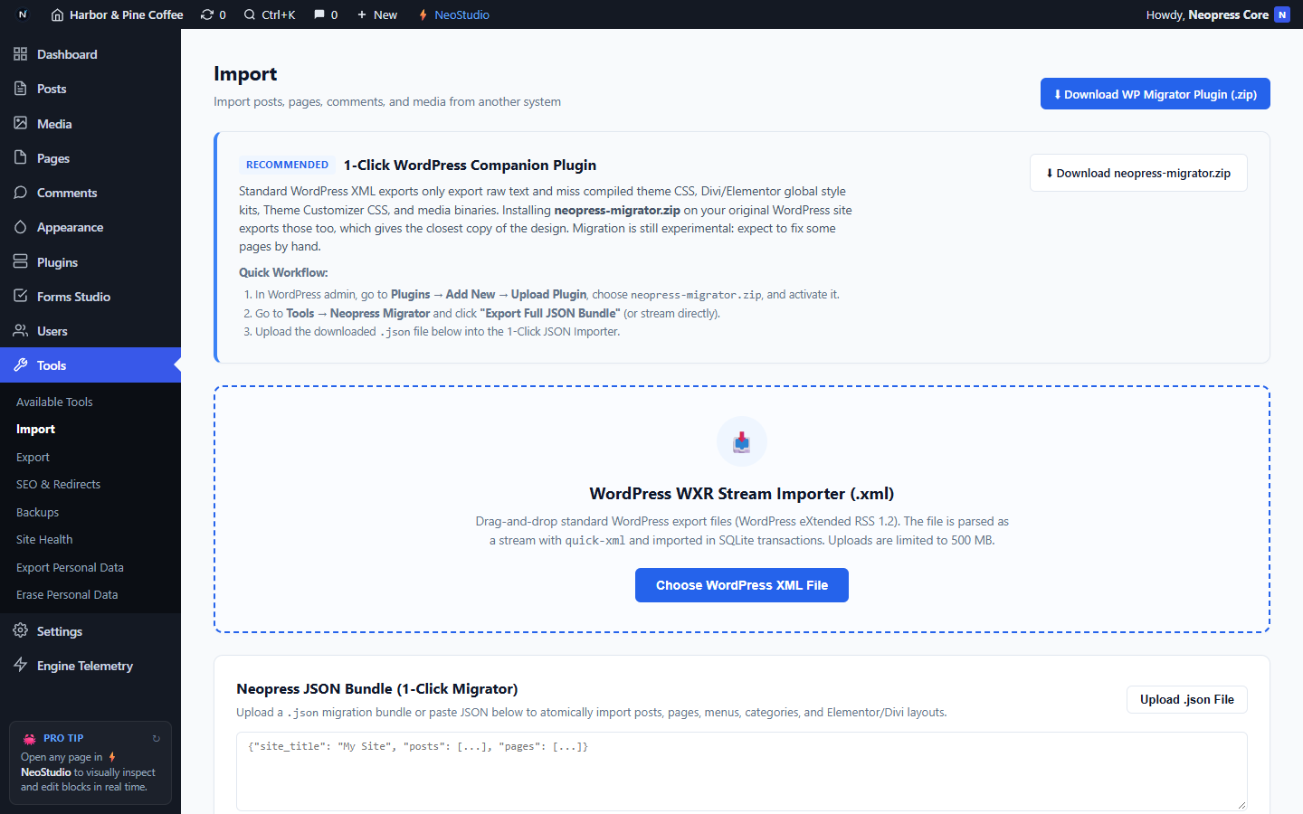 Neopress Tools -> Import screen